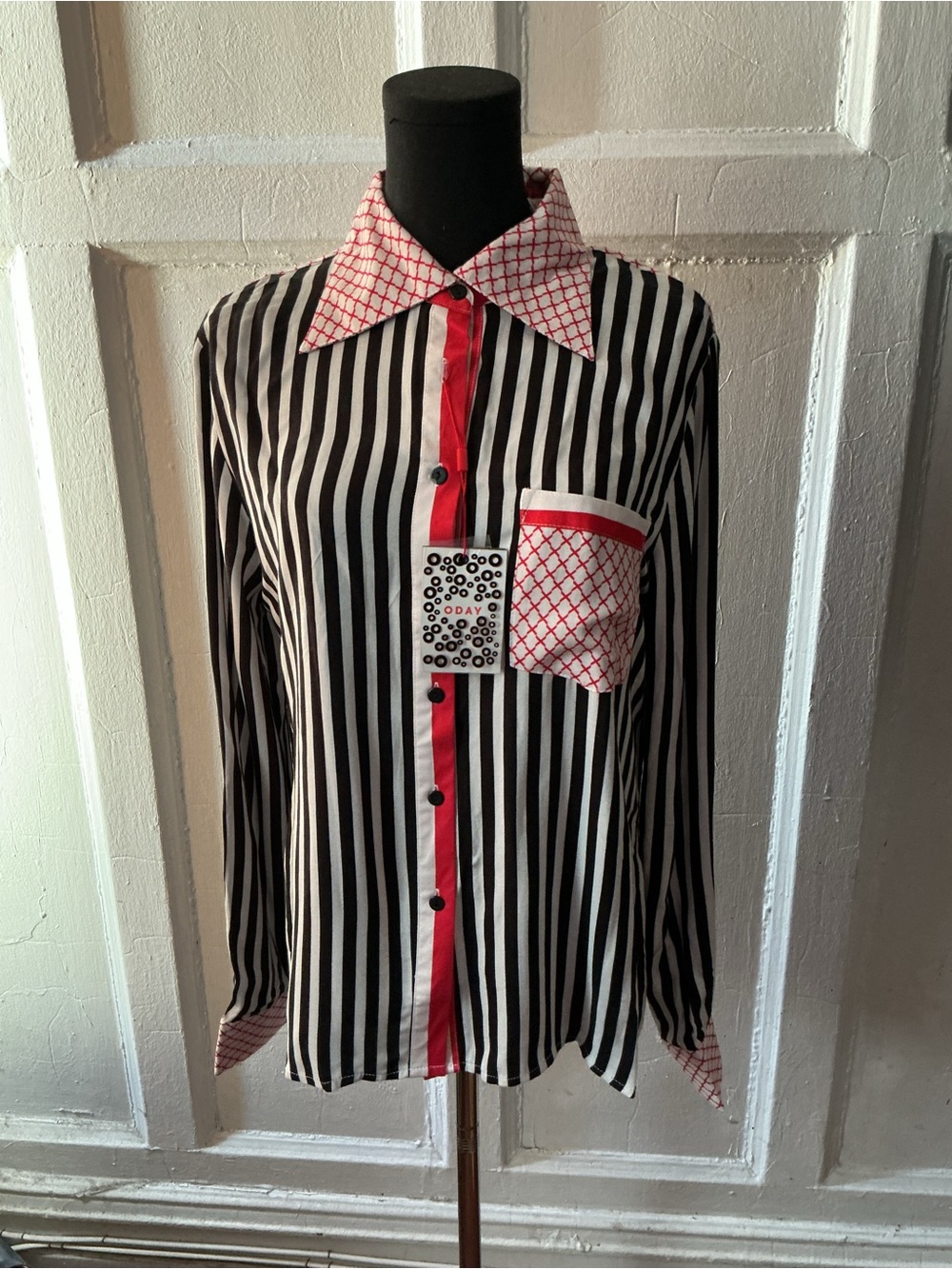 ODAY Black & White Striped Button-Down Shirt with Red Trim